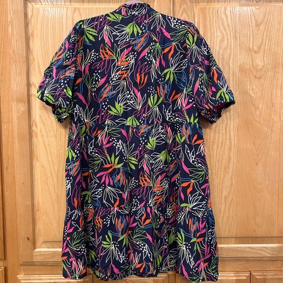 THML Women's Size L Navy Blue Colorful Leaf Print Tiered Short Sleeve Dress - Picture 8 of 8